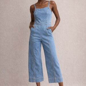 Vintage Light Wash Denim Overall Y2K Minimalist Fitted Bodice Wide Led Sogt Girl